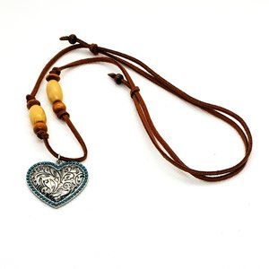 Brown Leather Lace Boho Heart Necklace